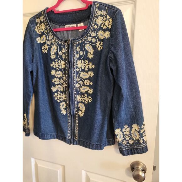 Hannah Jean Jacket Womans‎ Small Floral Embroidered Full Zip Boho Denim Coat Y2K - Picture 1 of 8